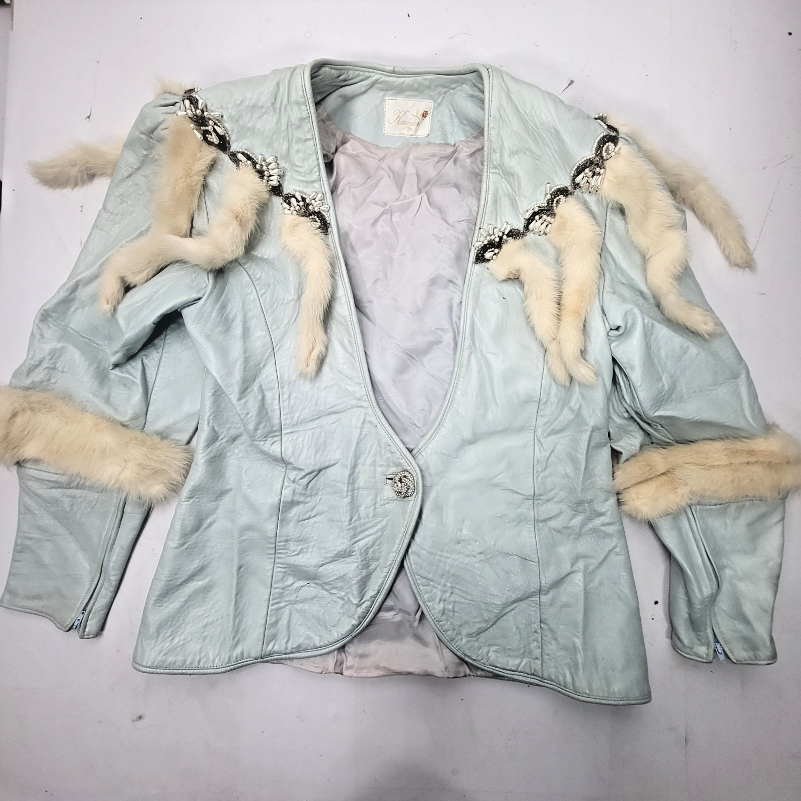 Kanar Vintage Ice Blue Leather Jacket Mink Fur Beaded Trim Made USA Womens S