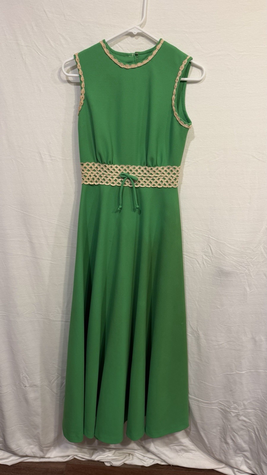 Vintage Vicky Vaughn Junior Dress Green Tan Trim Long Maxi No Size Tag