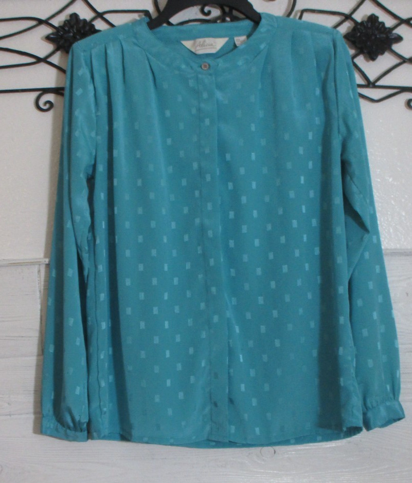 Vintage Alicia Blouse Size 8 Long Sleeve Teal Button Up