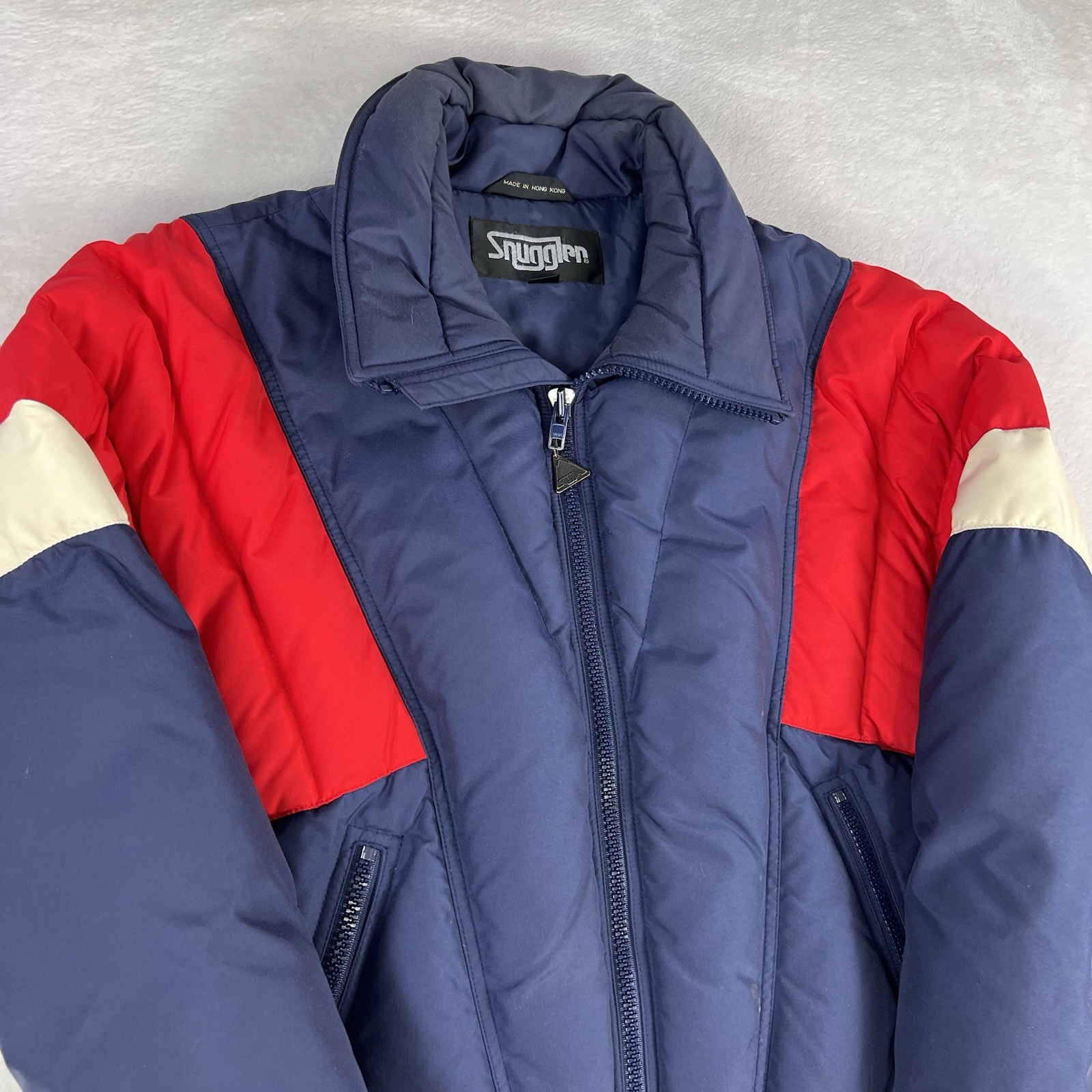 Vintage 80s Snuggler Ski Wear Jacket Mens Medium Blue White Red Stripe Retro