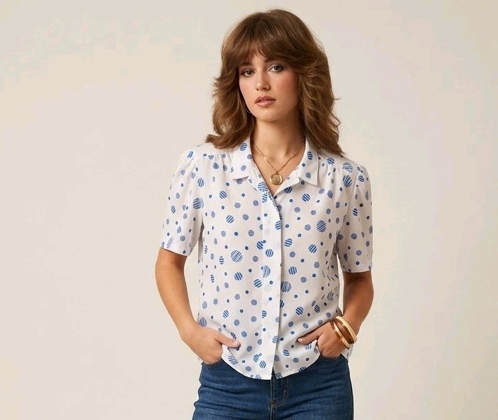 Vtg 70s Judy Bond Sheer Polka Dot Short Sleeve Blouse Dopamine Bright Button-Up