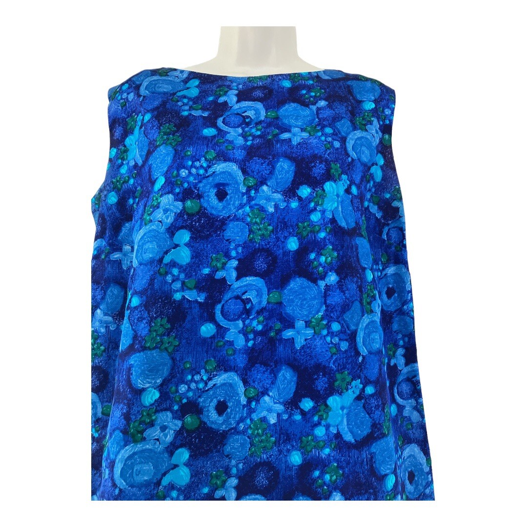Vtg 60’s Richard Douglas Hawaii Maxi Dress Blue Floral Cheongsam Wiggle Sateen S
