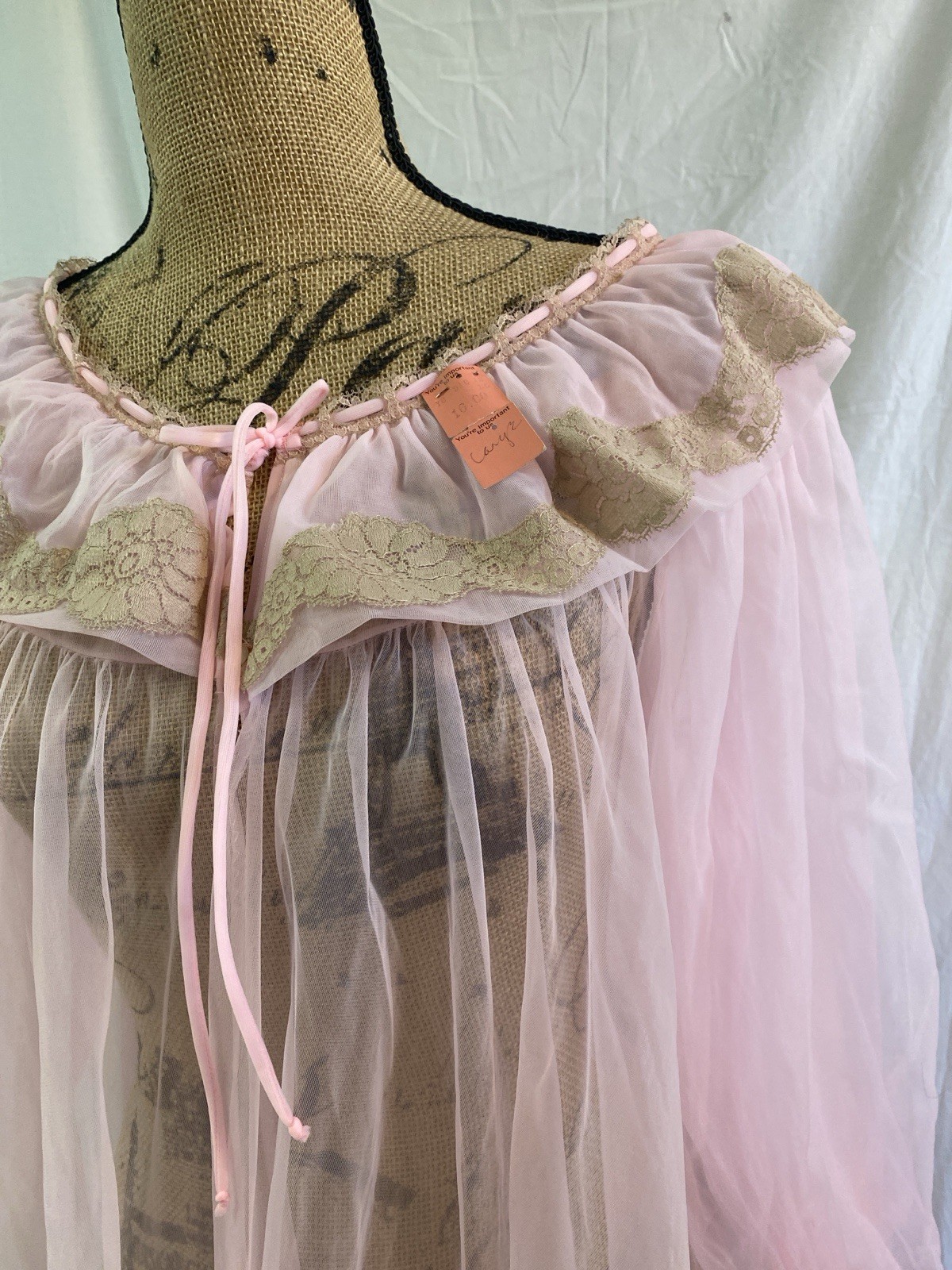 Vintage Lisette Chiffon Pink Lace Trim Sheer Peignoir Robe Large New Old Stock