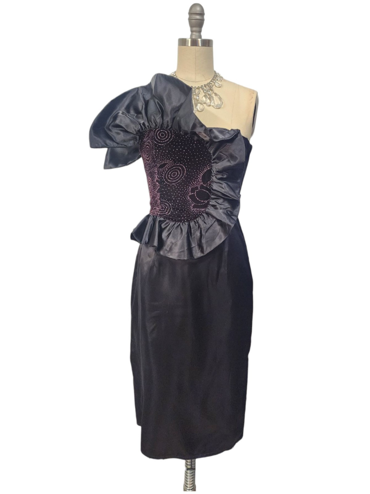 Vtg 80s Prom Dress XS 5 Gunne Sax Black Satin Short Avant Garde Origami Ruffle