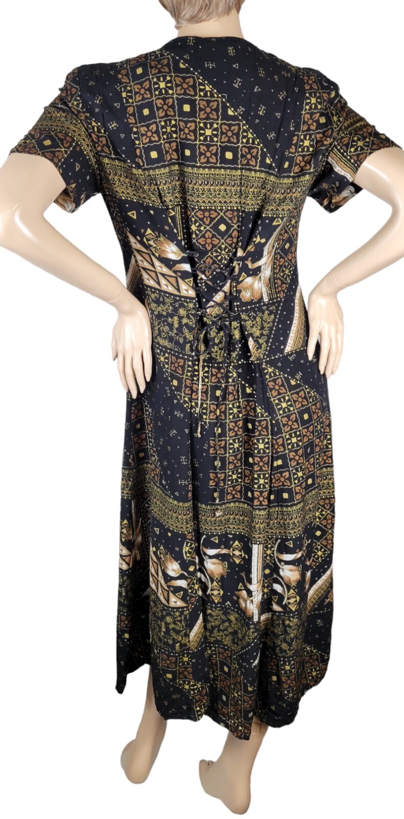 Vintage 90s Betsy Lauren Black Floral Tribal Cottagecore Grunge Maxi Dress 14
