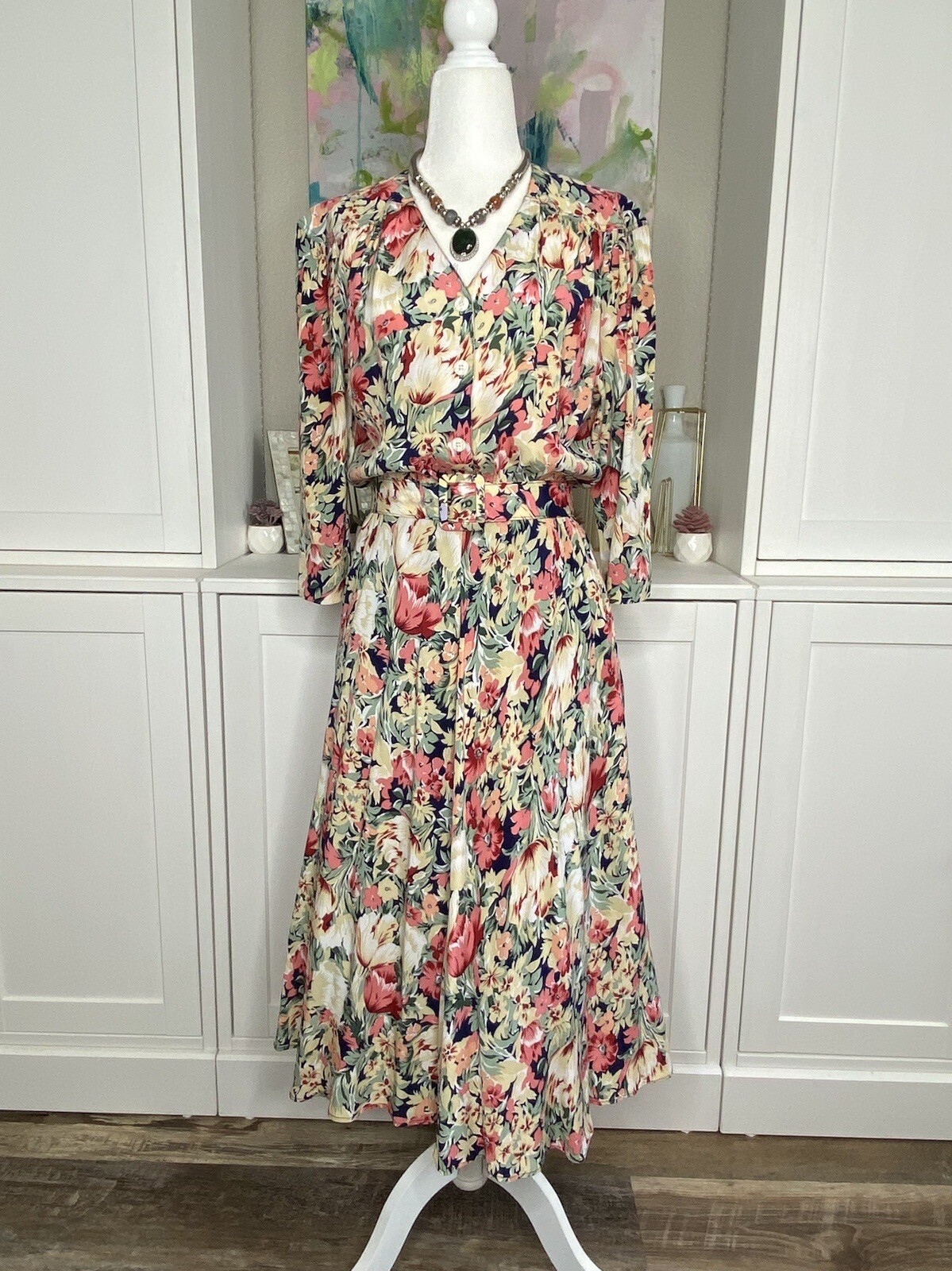 1980s Carol Anderson A-Line Shirt Dress Belted Floral Spring Casual Rayon 5/6