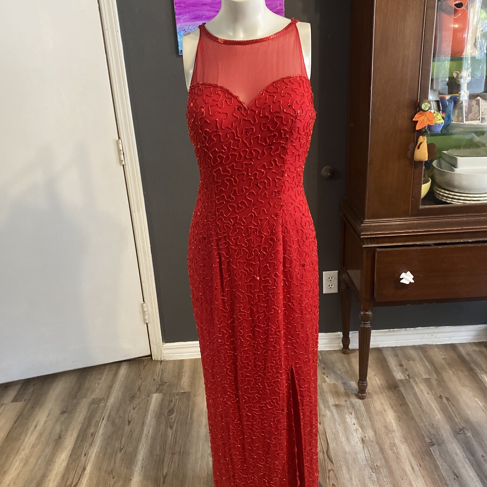 Andretta Donatello Vintage Dress Beaded Formal Gown Red L Ladder Back Heavy
