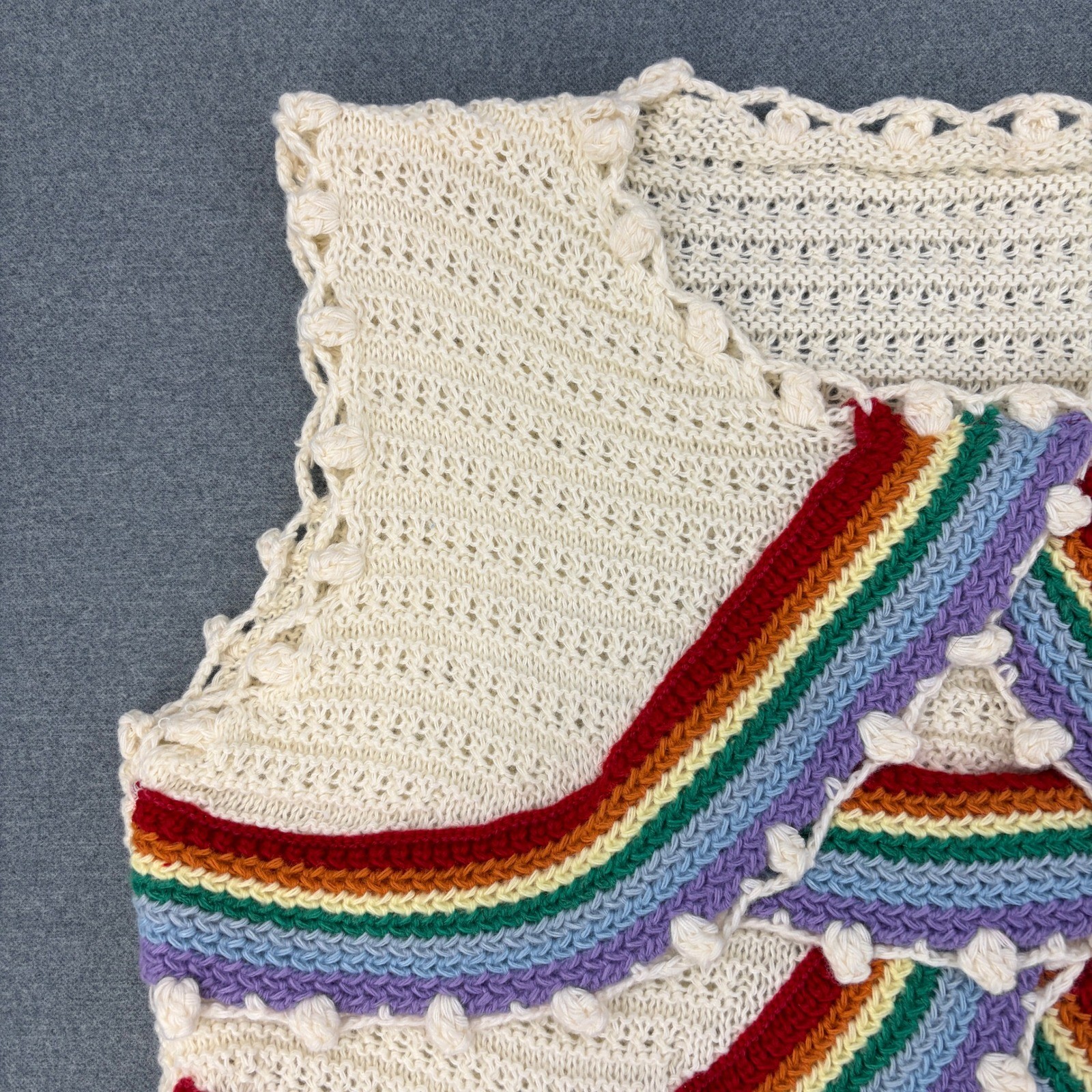 Handmade Crochet Rainbow Wave Bobble Trim Sweater Vest Cream Boho Retro Medium M