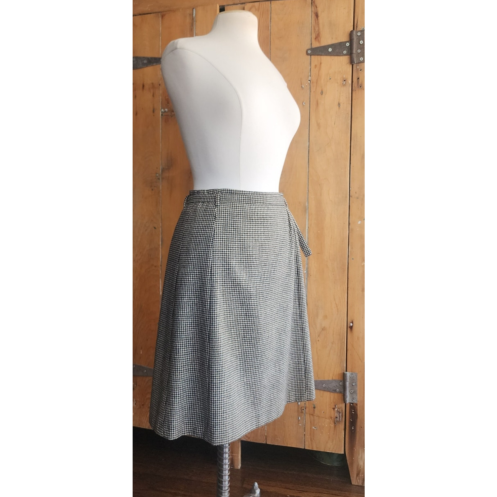 Vintage Dries Van Noten Skirt Gray Houndstooth Wool Knee Length Belt Sash Medium