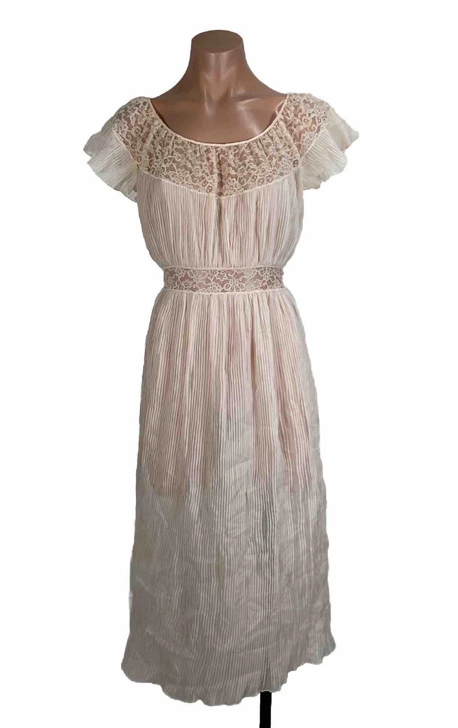 Vintage 40s Pink Crepe Slip Dress Ribbed Lace Gown Cap Sleeve PLUS 18 Bon Claire