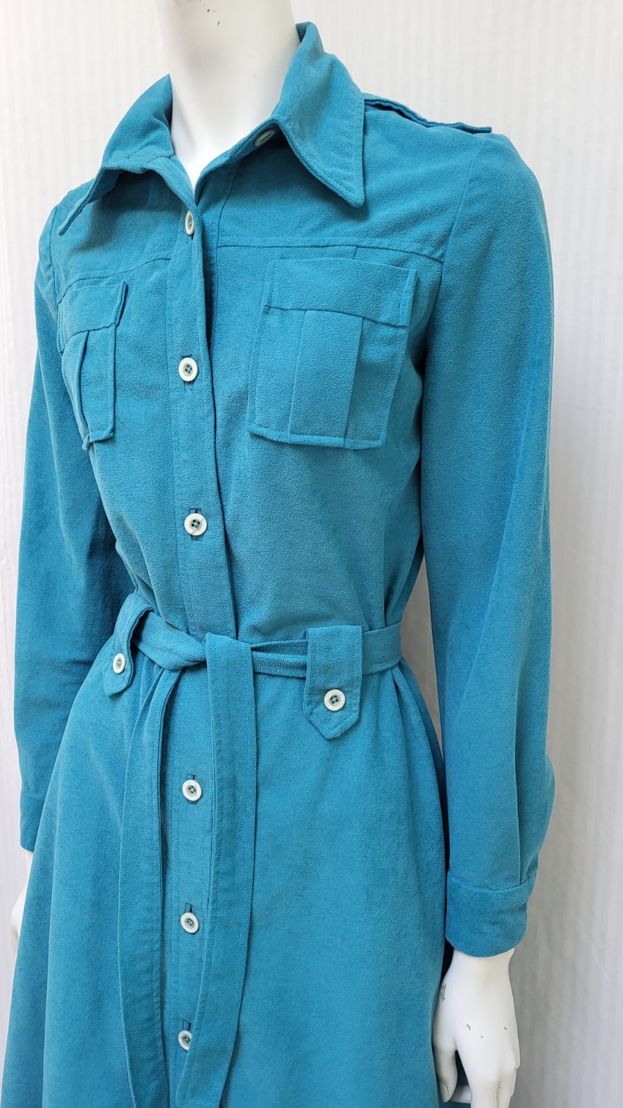 Vintage Teal Ultrasuede Button Front Shirt Dress w/ Tie Belt – Size S – EUC