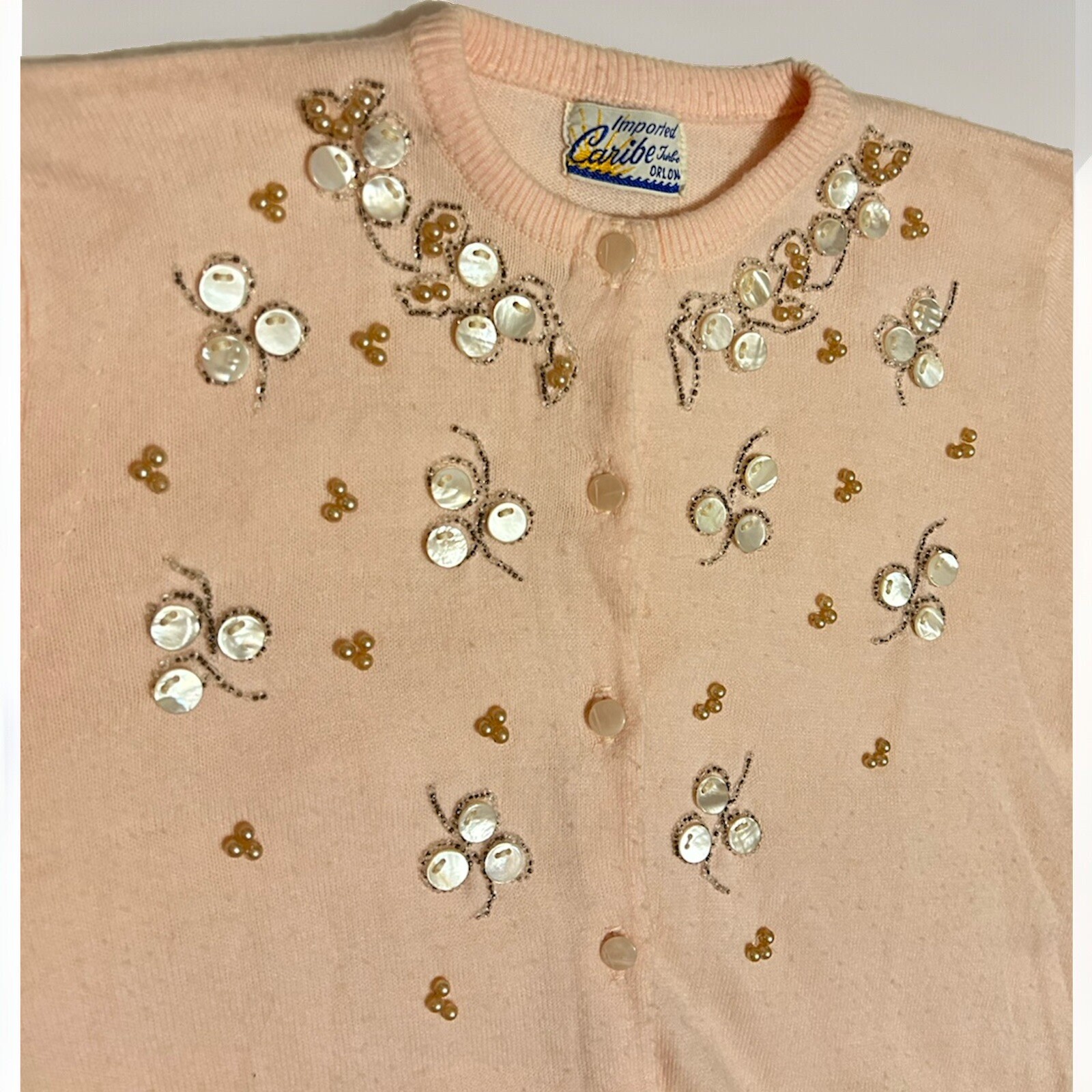 50s Vintage Caribe Turbo Orlon Beaded Sweater Lt Pink Pearls Women’s Small