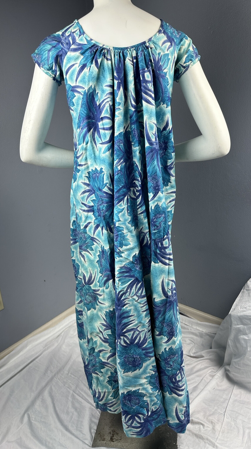 Vtg 60s Hawaiiana Modes Honolulu Blue Aqua Floral Empire Maxi Sundress 32” Bust