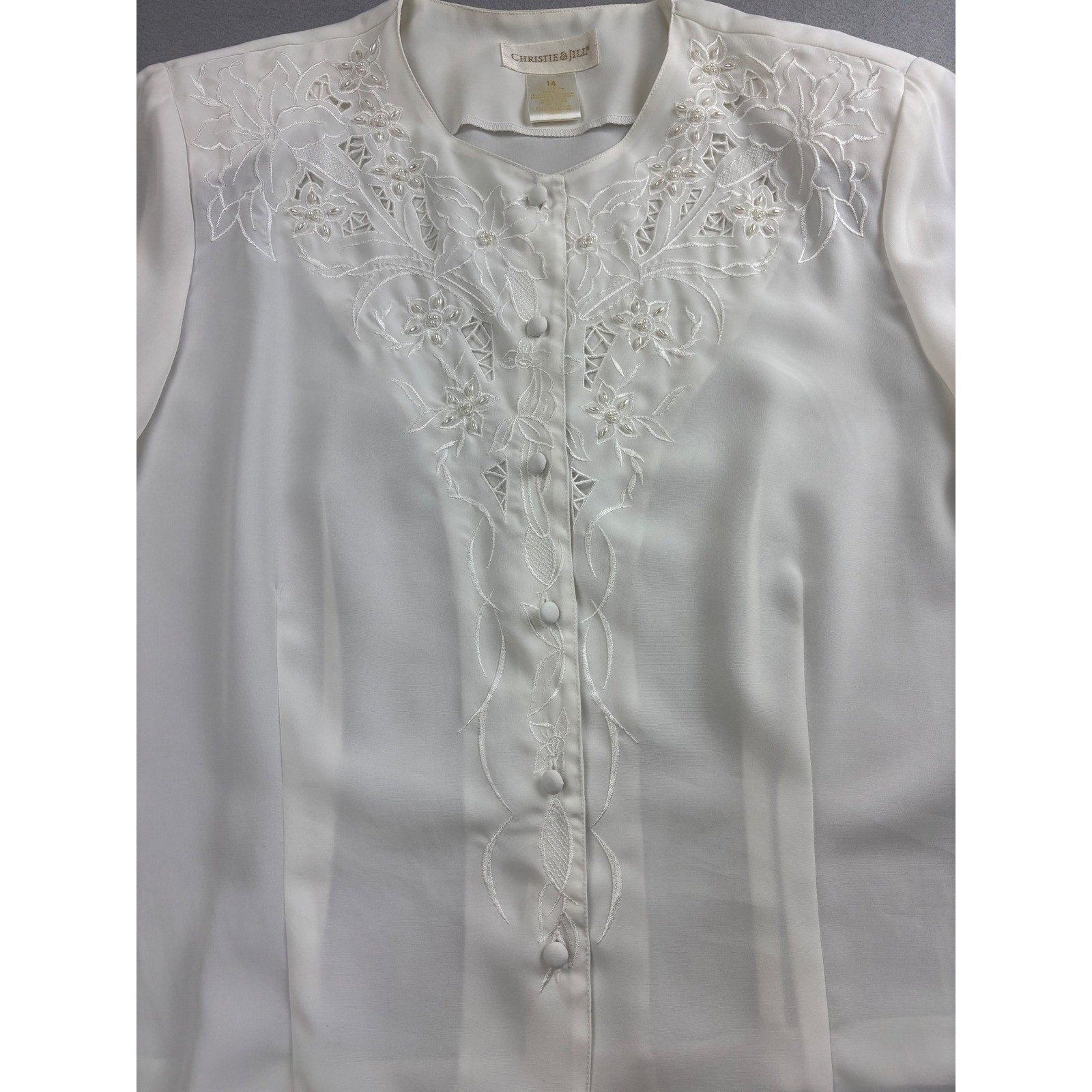 Vintage Christie & Jill White Embroidered Beaded Blouse Size 14 Long Sleeve