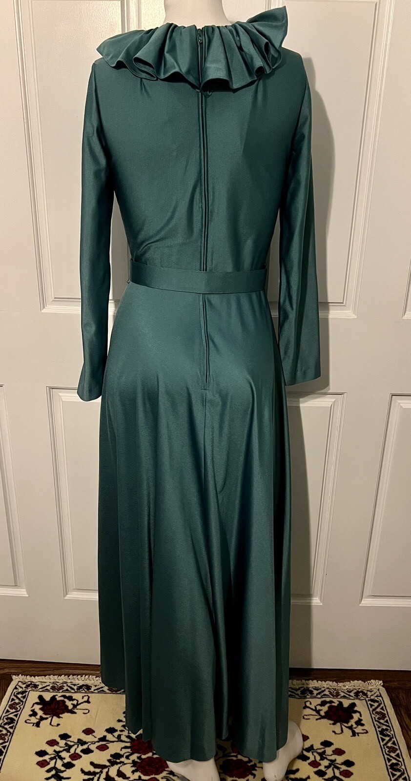 Vintage 1970s PLW Ruffle Trim Emerald Green Nylon Maxi Dress Matching Belt XS/S