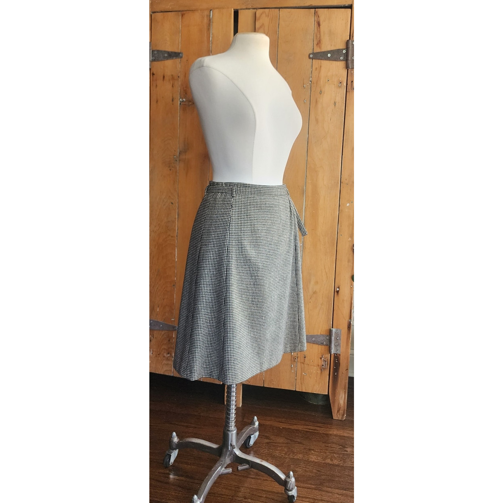 Vintage Dries Van Noten Skirt Gray Houndstooth Wool Knee Length Belt Sash Medium