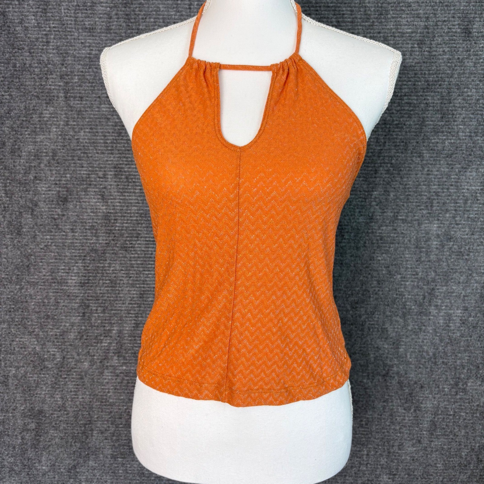 LA Movers Vintage Burnt Orange Metallic Chevron Halter Top Keyhole Medium USA