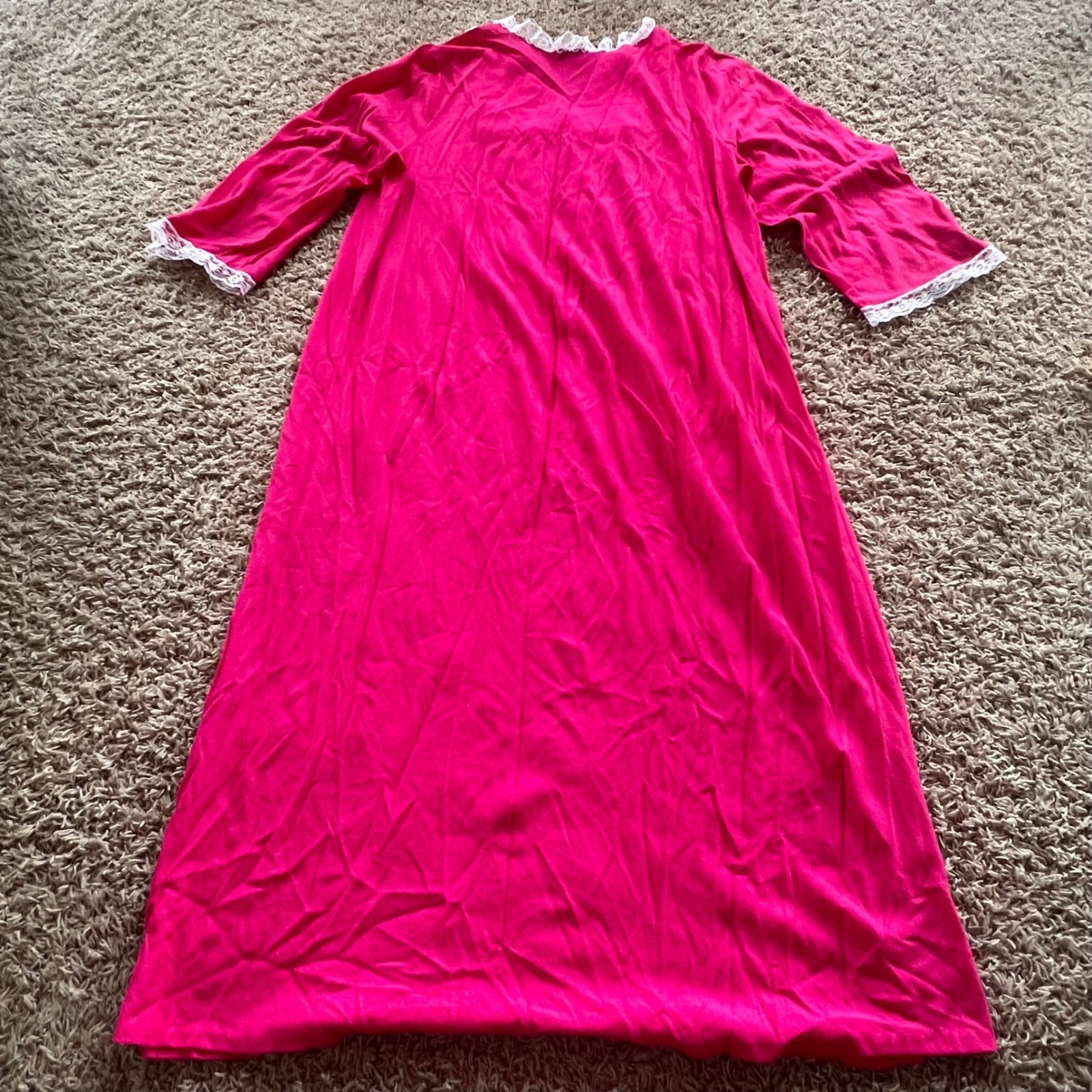 Vintage Spotlight Pink Lace Nightgown Floral Embroidered Long Sleeve USA Made