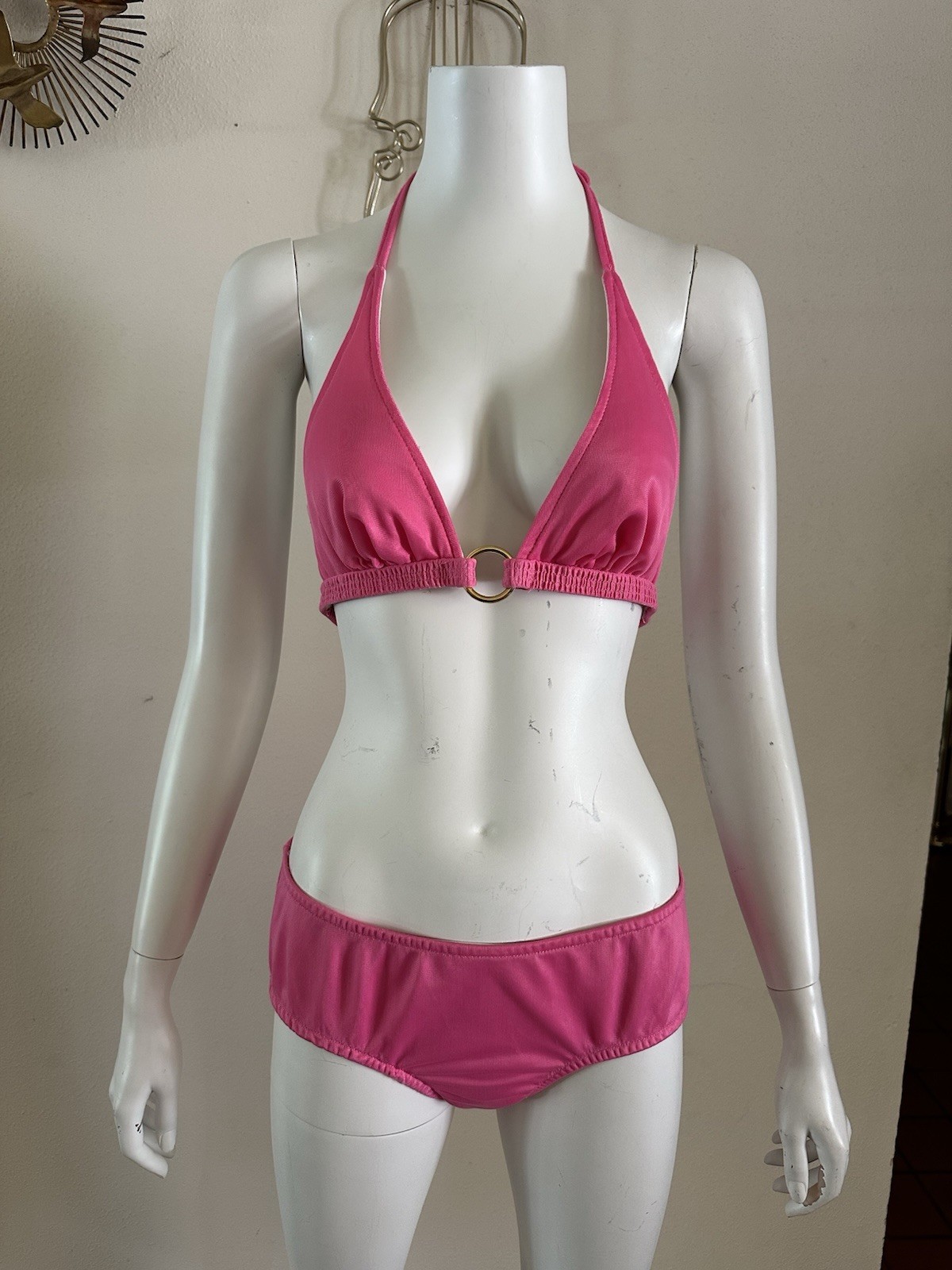 1970s Hot Pink Bikini Swimsuit Gold O Ring Halter Mod Disco 2 Pc Pin Up Swim VTG