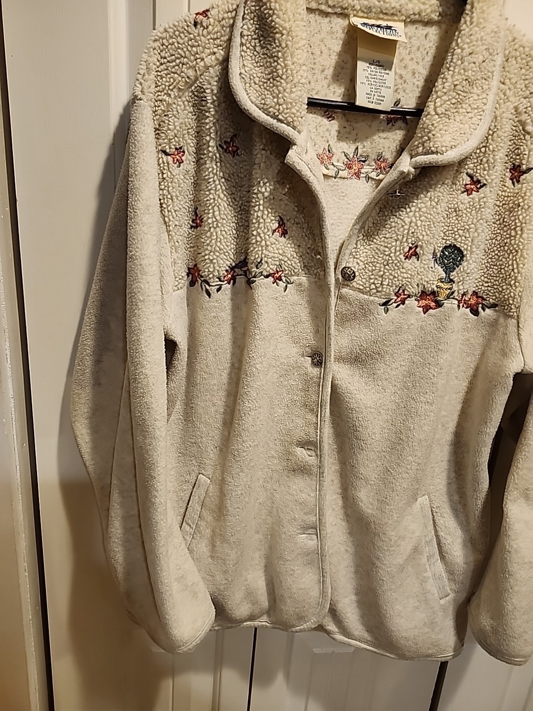 Northern Reflections Sz L Cream Gray Blend Fleece Embroidered Flowers Jacket