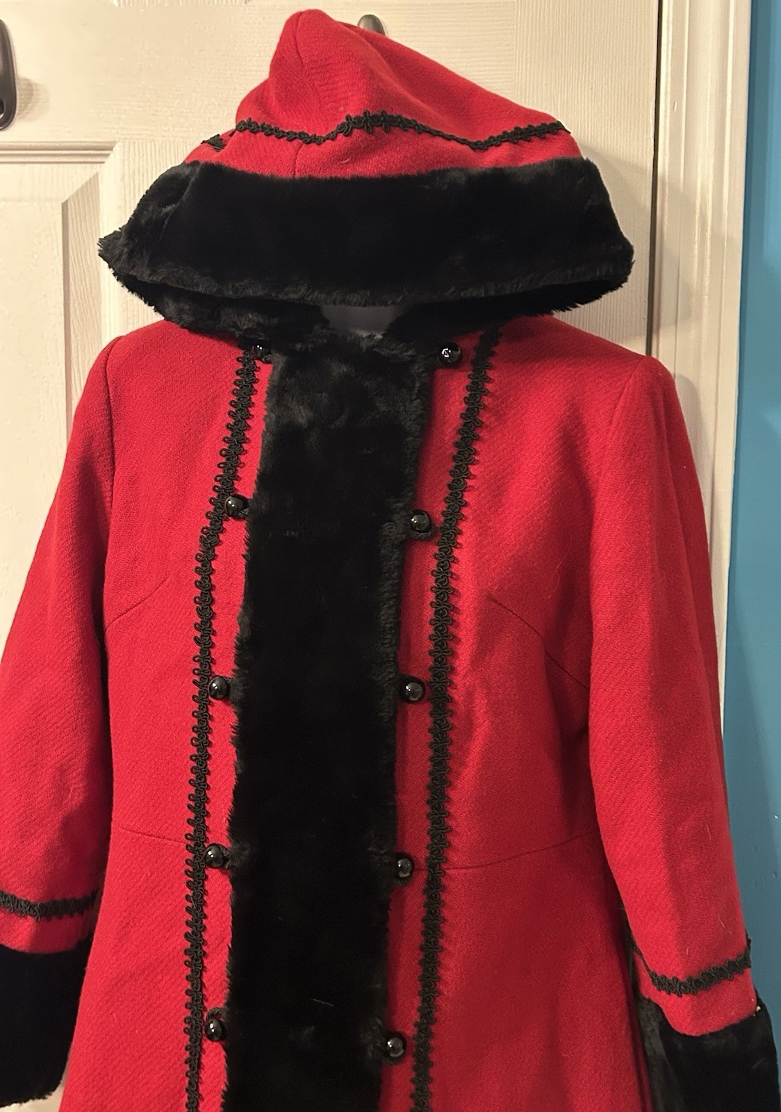 VINTAGE Sears Fashions Red Black Victorian Princess Full Length Coat Hooded Fur