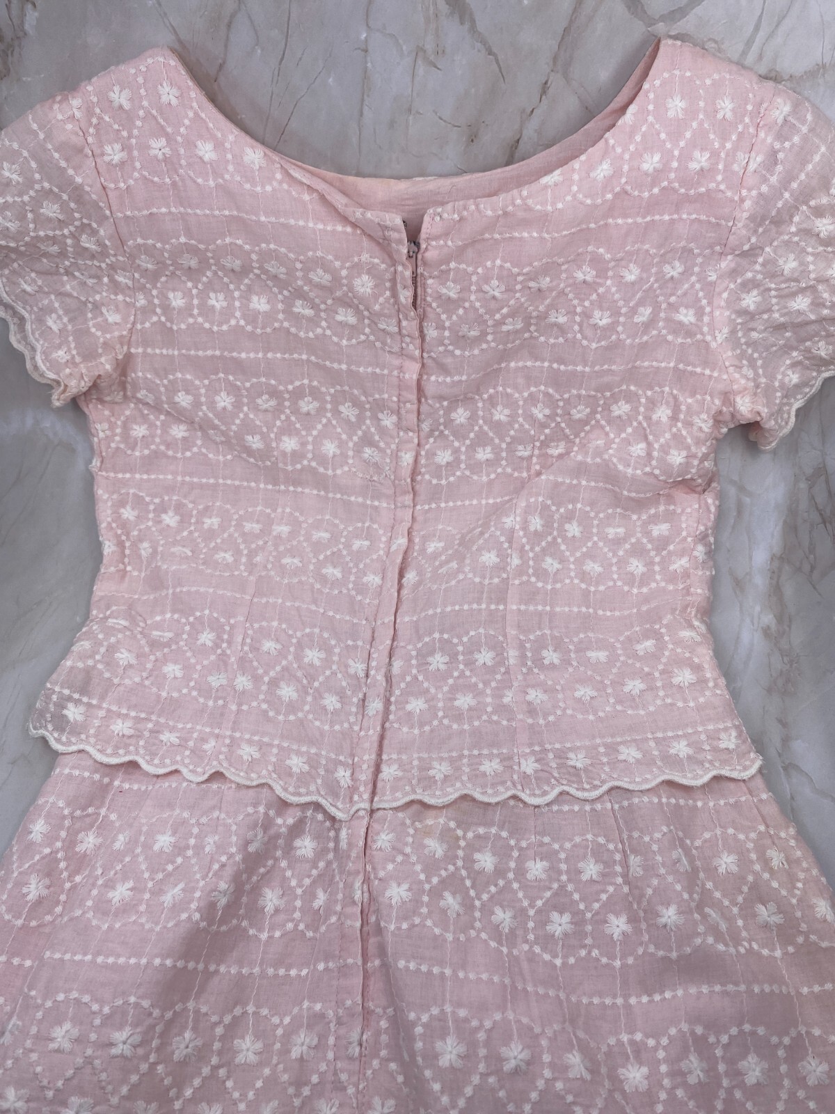 Vintage Handmade Dress Size XS to S Easter Spring Pink with White Embroidery