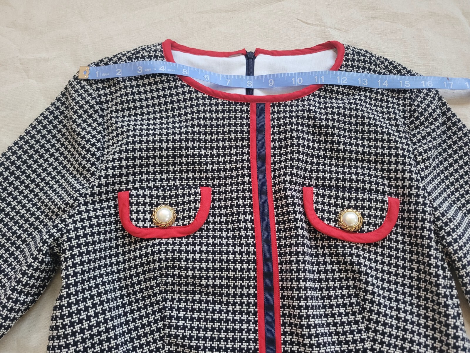 Vintage Handmade Tweed Kate Dress Elegant Classic Black White Red Trim Size M
