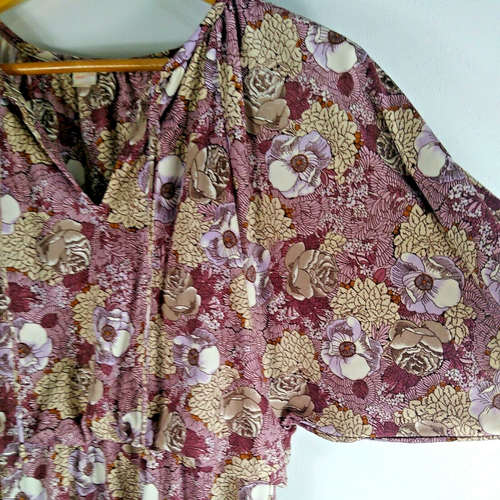 Womens Vintage Cottagecore Dress Floral Dolmen Sleeve Midi Elastic High Waist 13