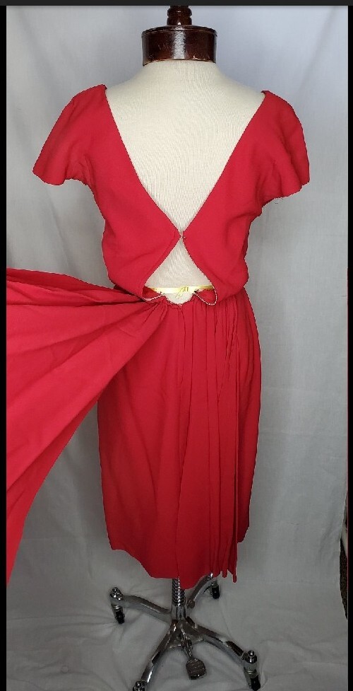 Vintage 1950s Lipstick red dress with V-neck Draped Waist Shash Cocktail Dress