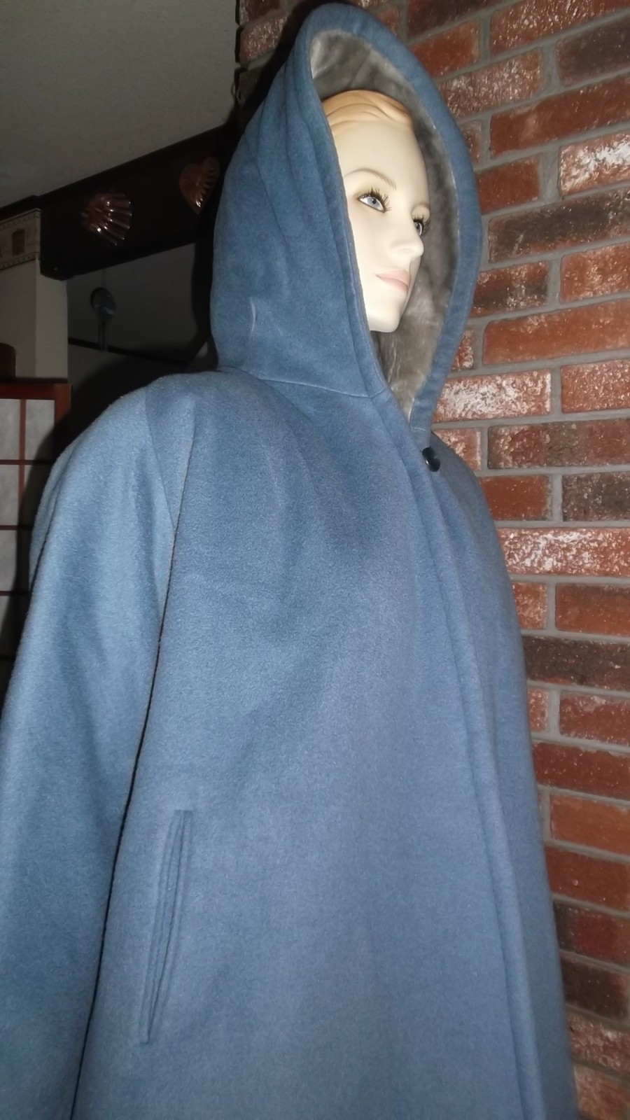 Vintage 50s 60s S Swing Blue Wool Coat Orlon Dynel Faux Fur Hooded w Pockets VFG
