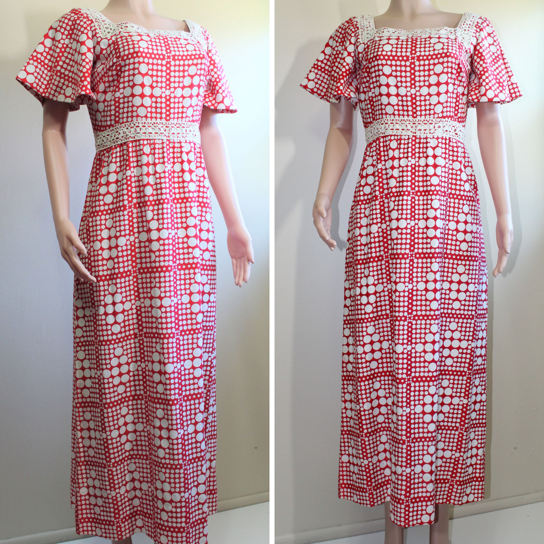 M Vintage 70s Maxi Prom Dress A Line Red White Polka Dot SS Puritan Juniors