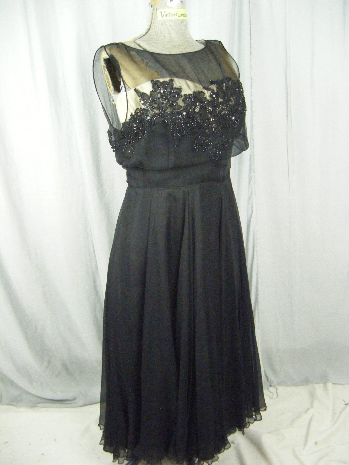 Vtg 50s Illusion Black Chiffon Beaded Ivory Bodice Party Dress-Bust 39/M