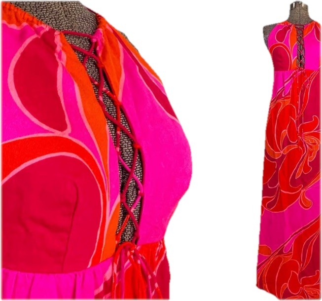 Vtg 1970s FUMI’S At WAIKIKI Floral Pink Orange Bark Cloth Hawaiian Maxi Dress 10