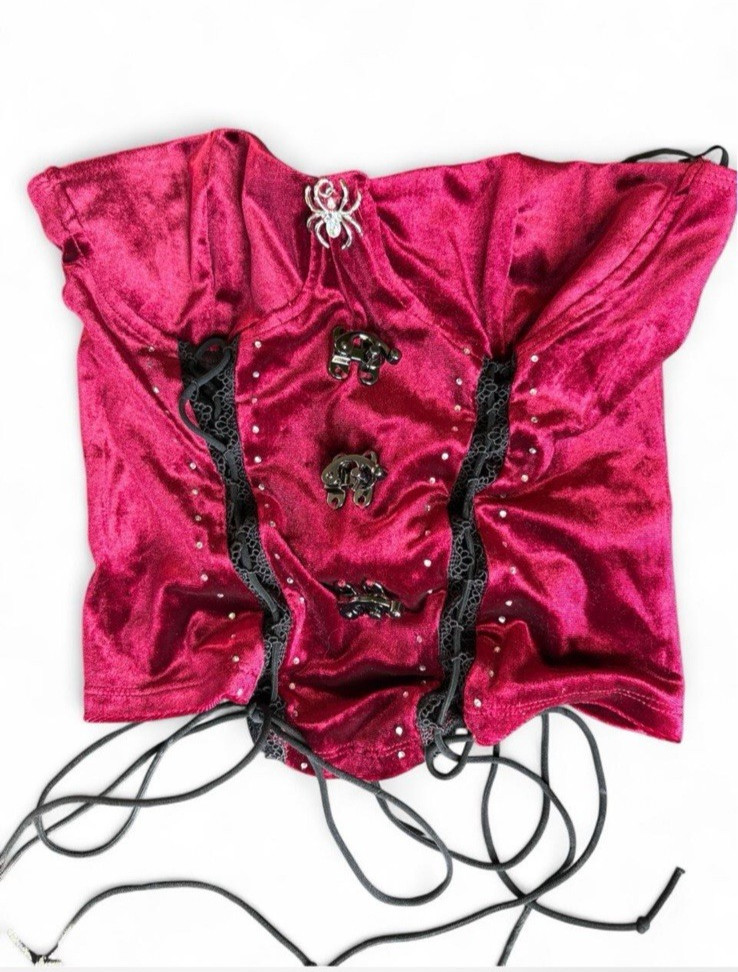 Red Velvet Bustier Corset Top Y2K Gothic Grunge Rave Festival, Medium