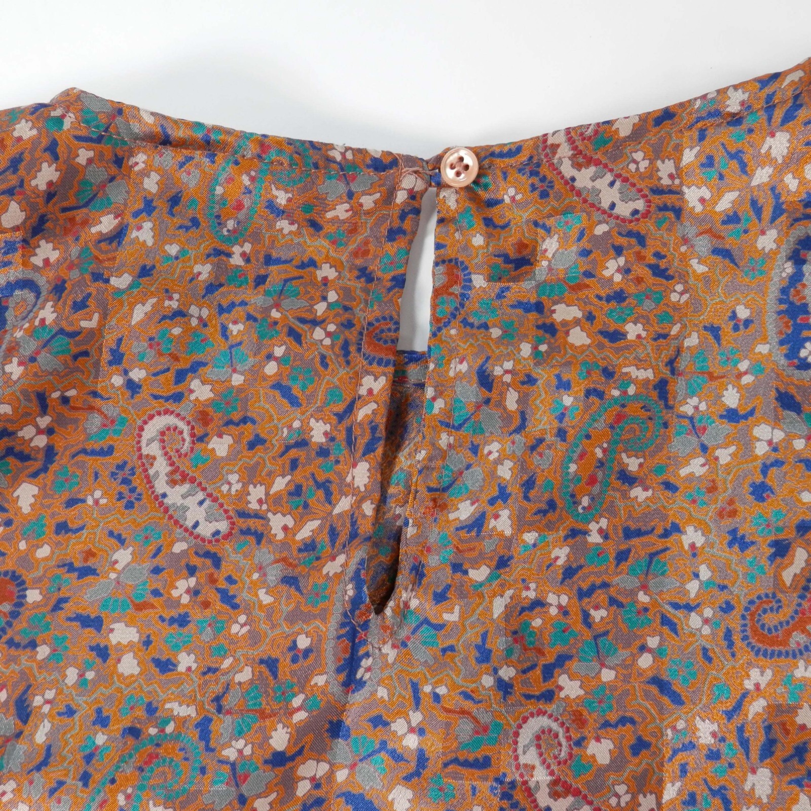 Vintage 70s 80s Womens L Paisley Print Blouse Orange Blue Stuart Lang Silky