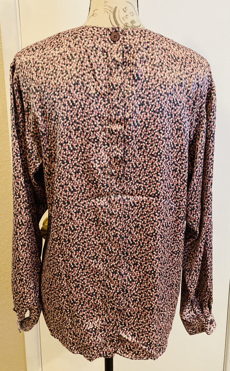 EVAN-PICONE Pullover Blouse Rear Button Gray Pink Polka Dots Long Sleeve 12 Vtg