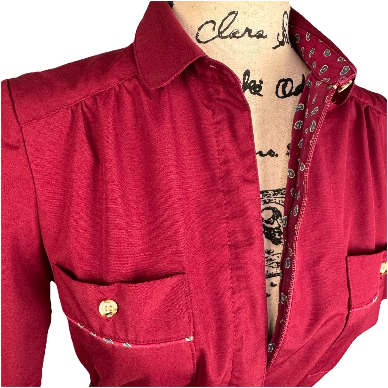 Sasson Short Sleeve Shirt Dress Vtg 70’s Maroon Paisley Trim Cotton Retro Preppy