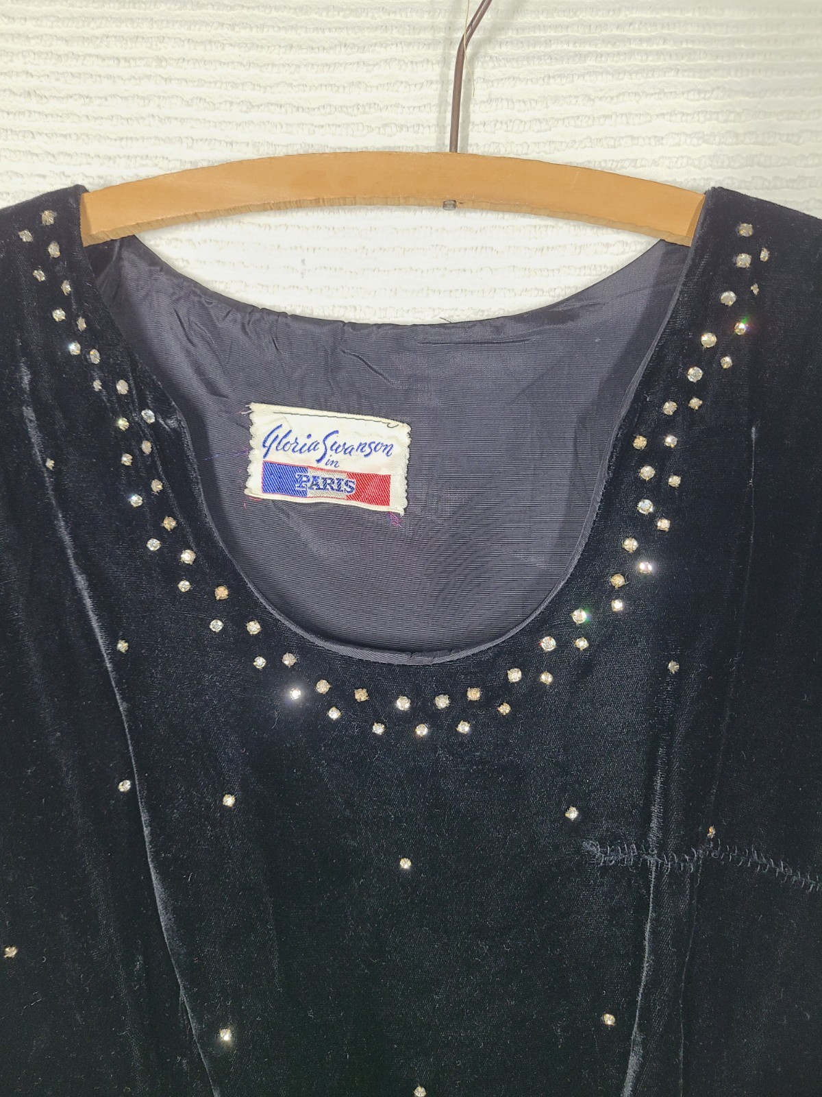 Vtg 40s Dress Black Velvet Night Sky Rhinestone wBelt Gloria Swanson Paris AsIs