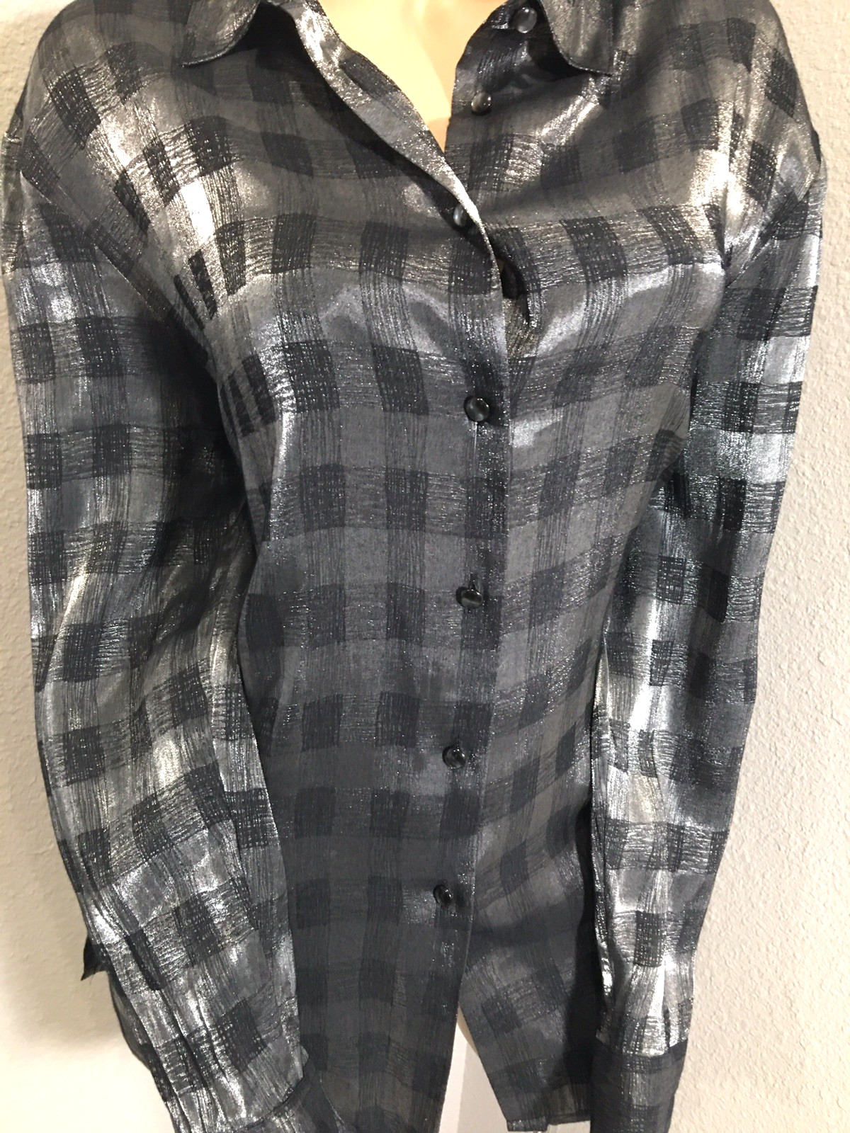 Vtg Silver Metallic Button Up Shiny Rayon Shirt Top XL