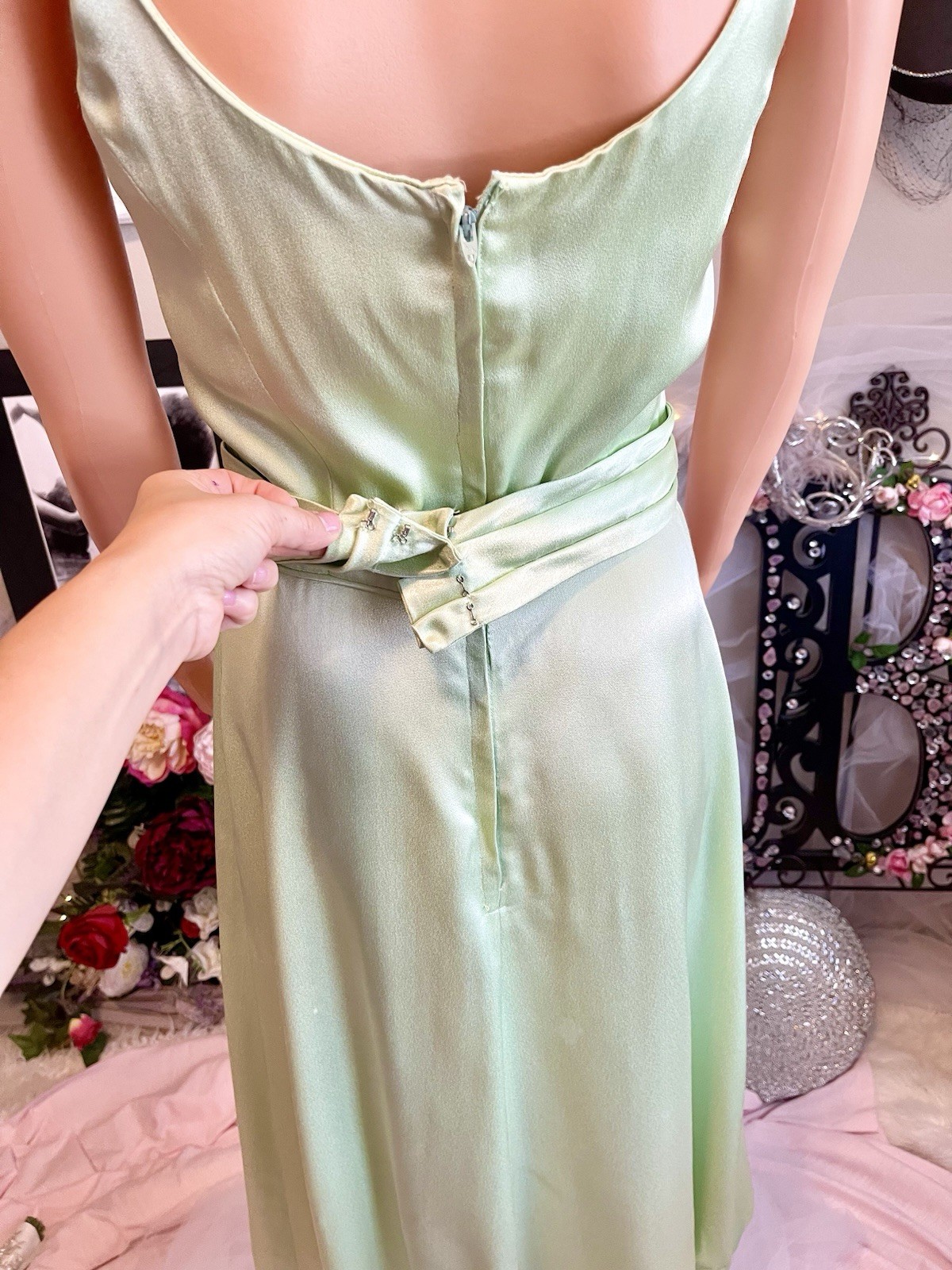 Vintage Satin Light Green Tea-Length Dress | Handmade | Removable Belt