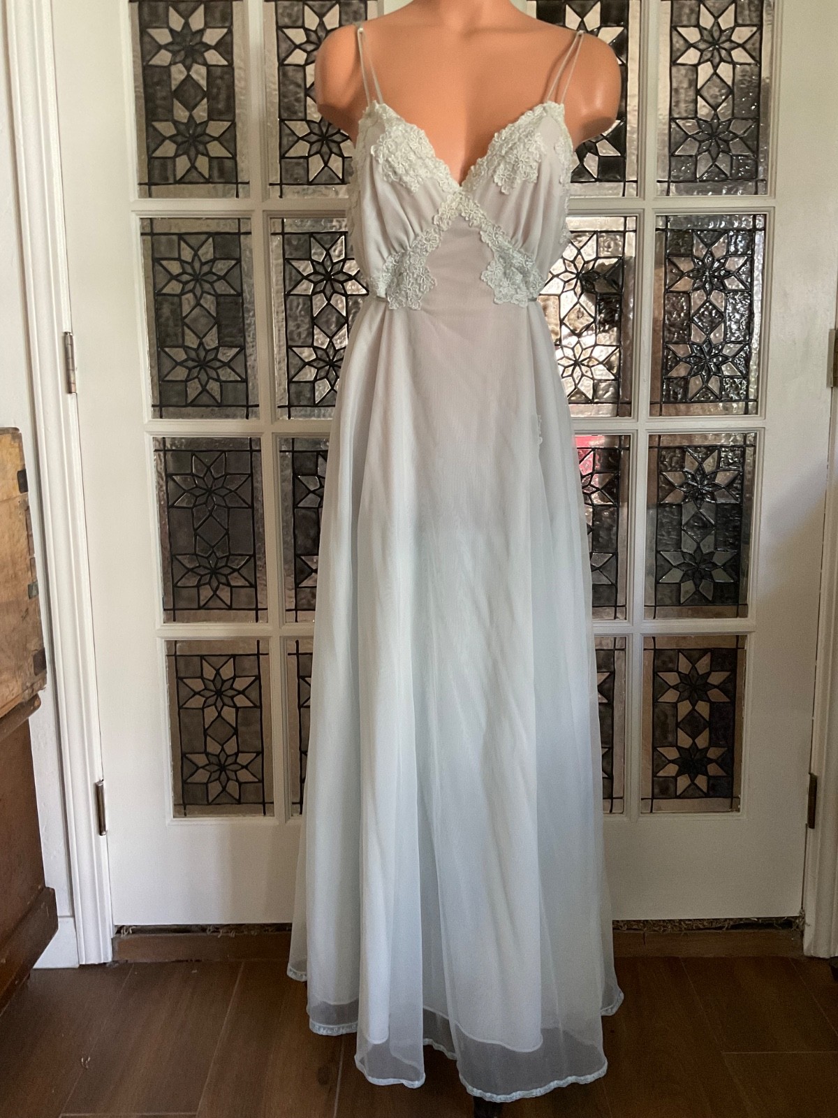 Vintage Gotham Gold Stripe Blue Nightgown Chiffon Nylon Lace Trim Size 36 USA