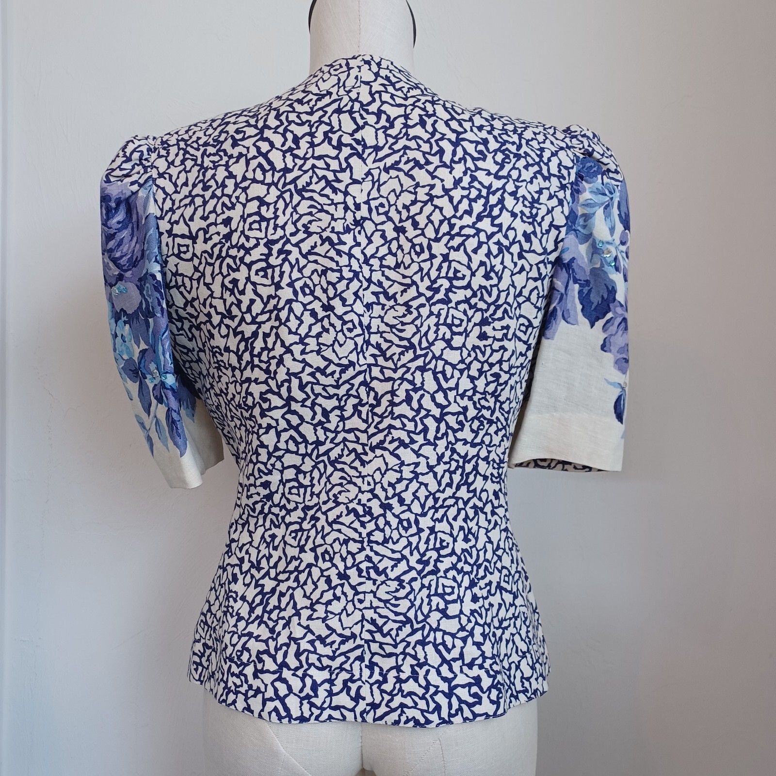 Rickie Freeman Teri Jon Vintage Purple Floral Puff Sleeve Embellished Blouse 8