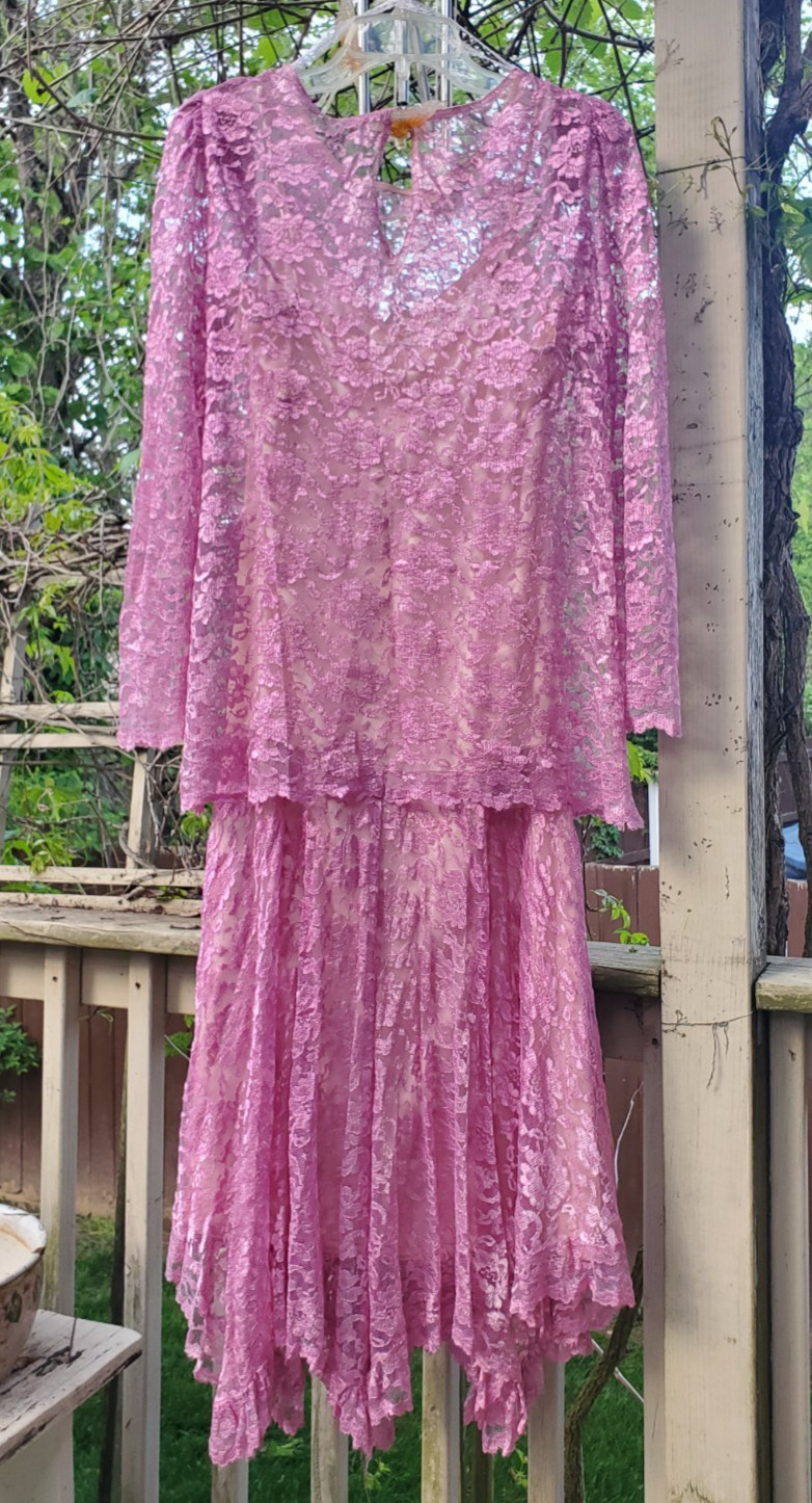 VTG JC Penney 80’s Dress Women’s Pink Lace Overlay Flare Handkerchief Hem MOB