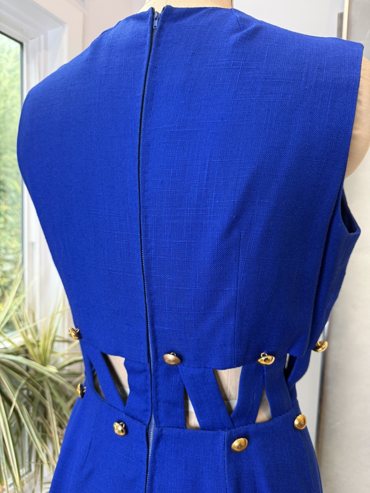 MOD Cut Out Waist Vintage 60s Shift Rayon Linen Dress Cardin Vibe Blue Italy
