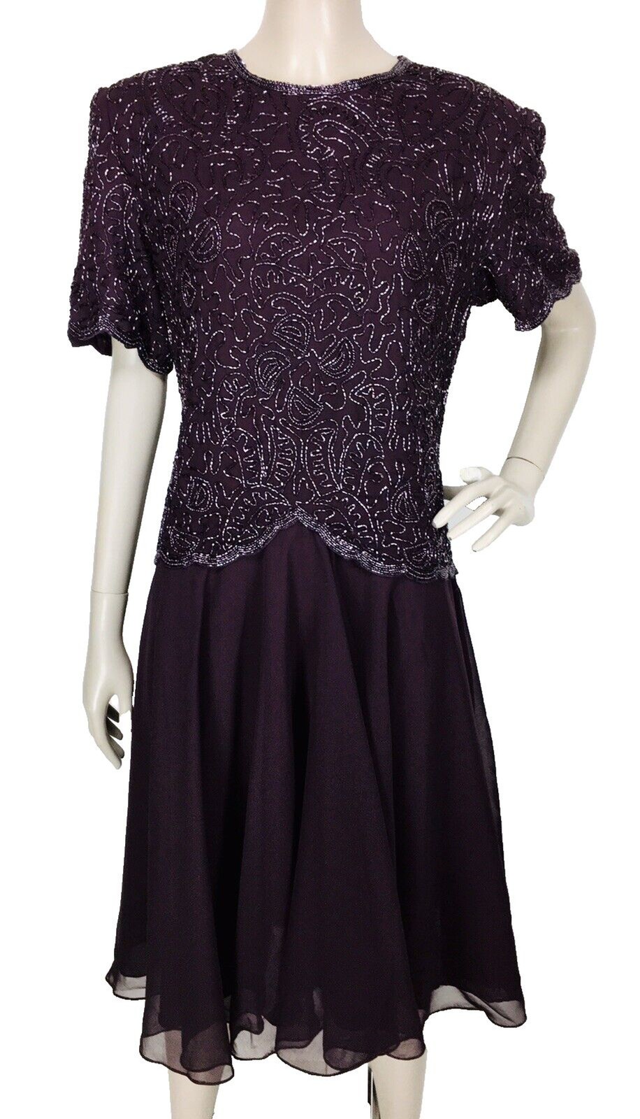 Vintage Brilliante by J.A. Beaded Tiered Wine Chiffon Skirt Formal Sheath Dress