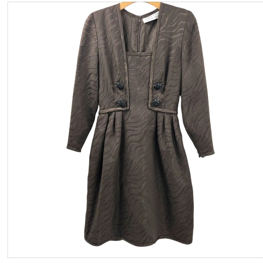 Stanley Platos Martin Ross Dress Size 6 Brown Textured Silk Rhinestone Buttons