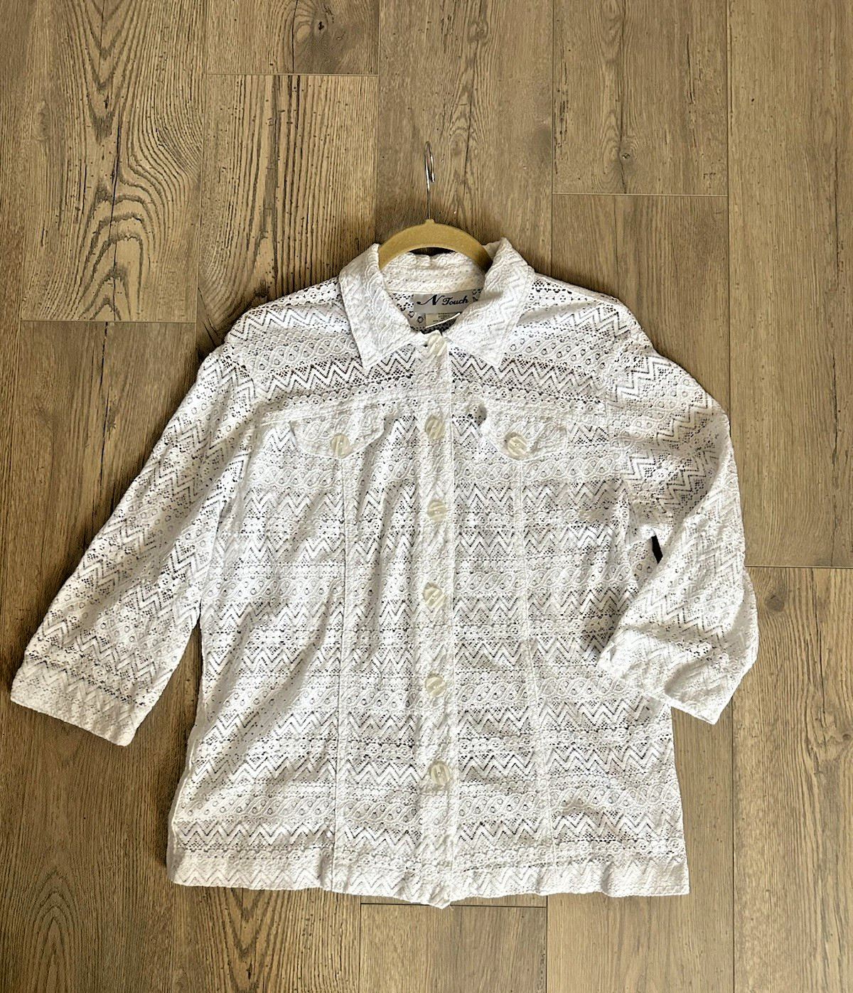Vintage N Touch White Lace Button-Front Blouse Sheer Boho Cottagecore Size L