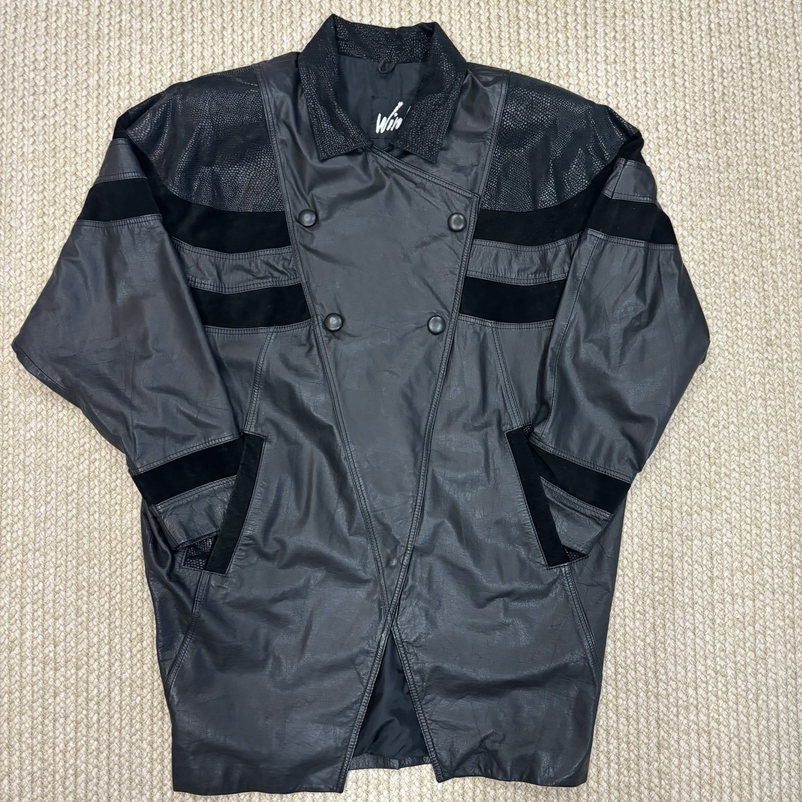 Rare VTG 80s Winlit Leather Moto Jacket L Black Suede Snake Trim Made in Korea