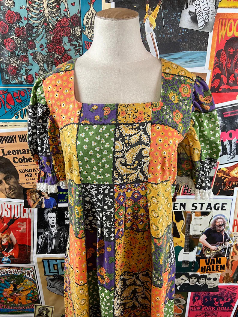 Vtg 70s Colorful Patchwork Print Puff Sleeve Maxi Boho Hippie Dress S/M Retro