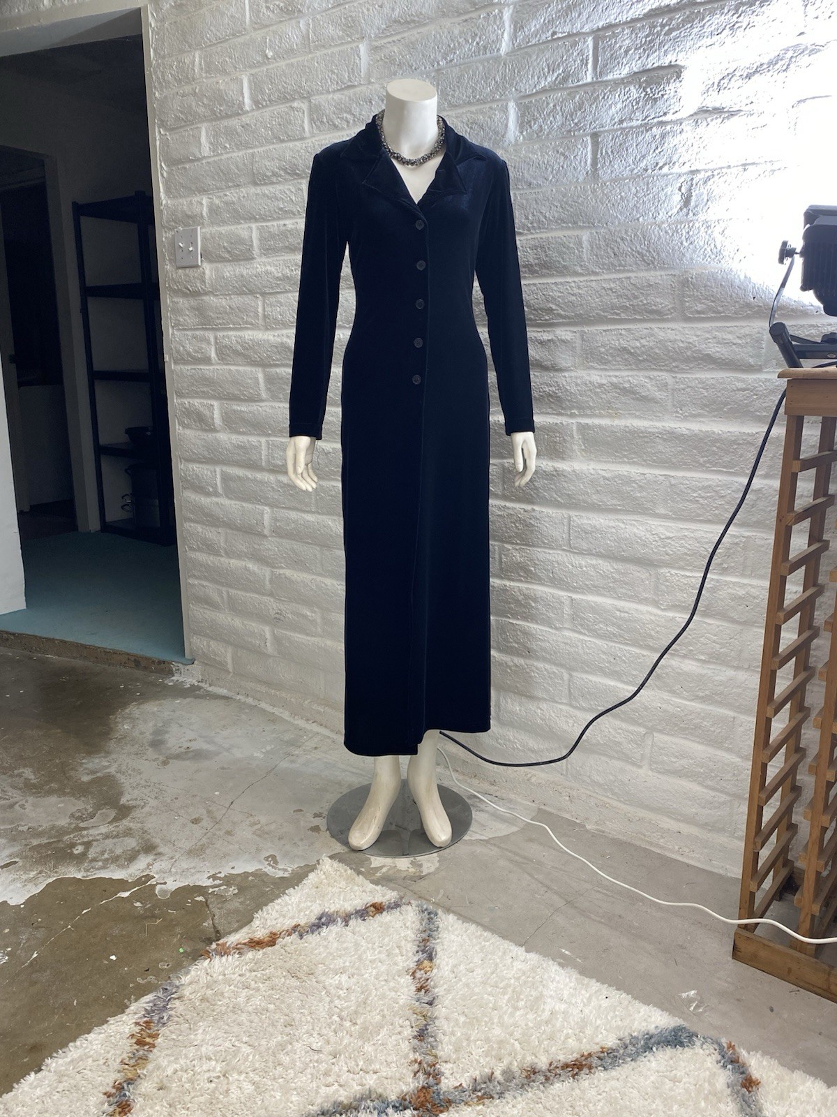 Georgette Vintage 90s BLK Soft Coat Button Up S Velvet Like 50×17.5